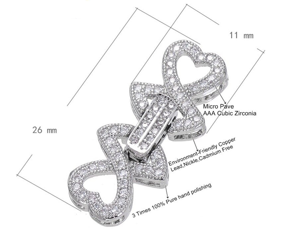 White Gold Heart Shaped Fold Over Clasp with AAA Grade Cubic Zirconia Beads
