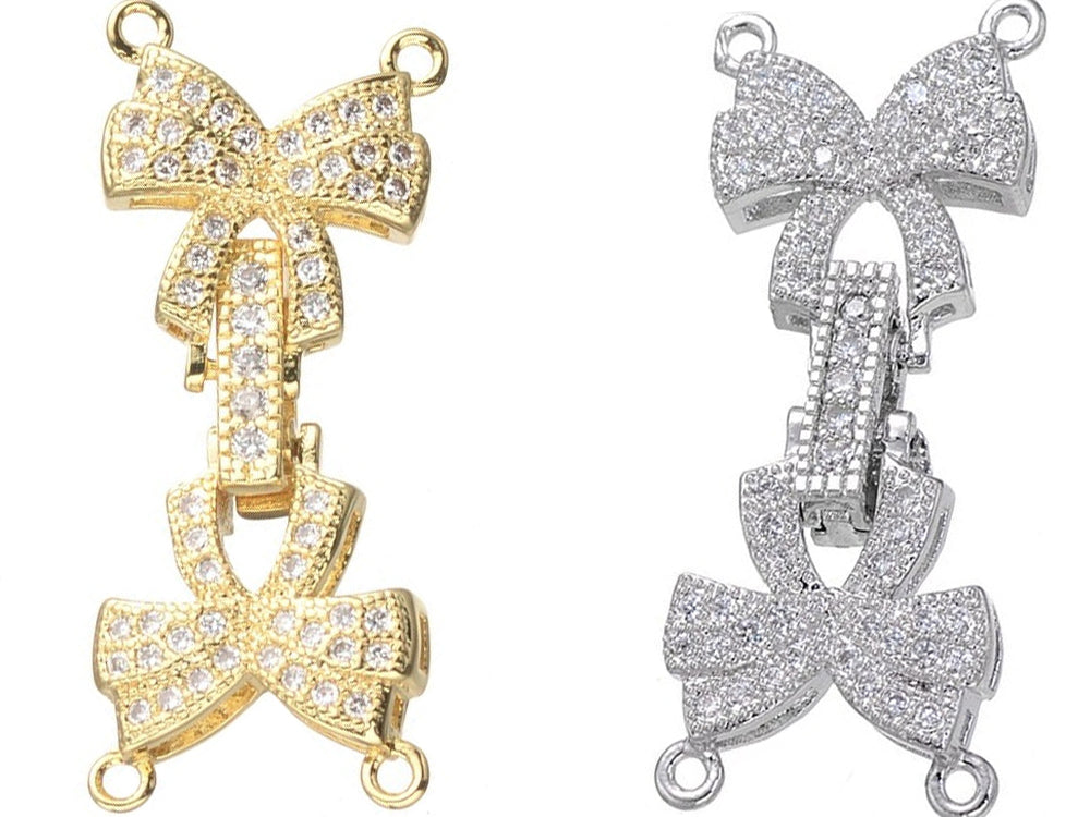 Gold Plated Bow Shaped Fold Over Clasp  with Cubic Zirconia Beads