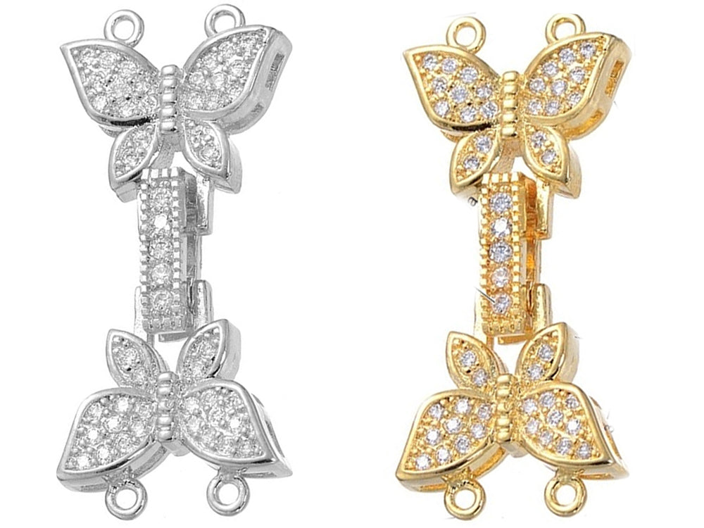 2 Strand Butterfly Design Fold Over Clasp with Cubic Zirconia