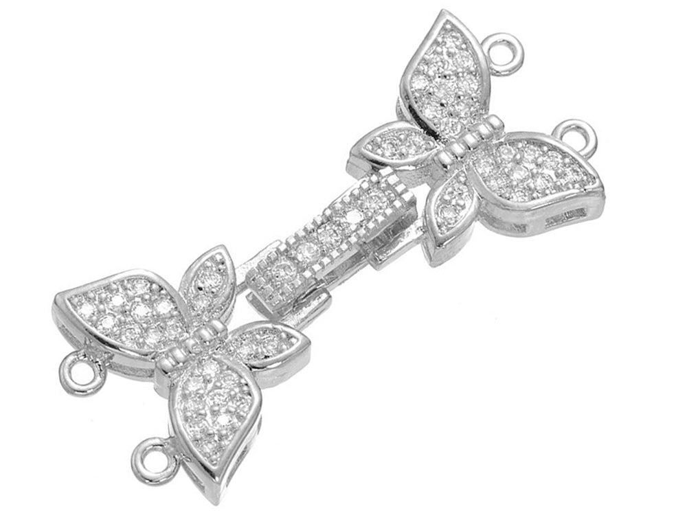 Two Strand Butterfly White Gold Plated Fold Over Clasp with Cubic Zirconia