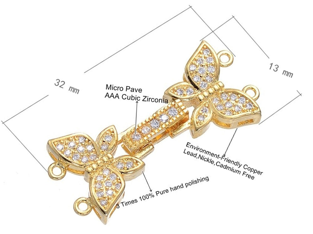 Two Strand Butterfly Gold Plated Fold Over Clasp with Cubic Zirconia