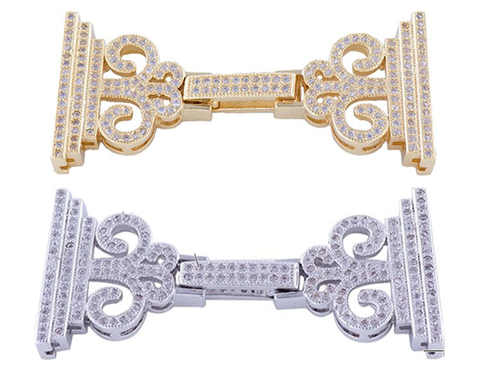 Ornate Yellow and White Gold Plated Fold Over Clasp with Cubic Zirconia
