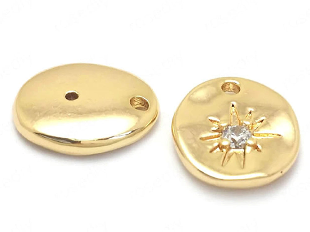 24K Gold Plated Oval Charm with Cubic Zirconia Starburst Design Backside