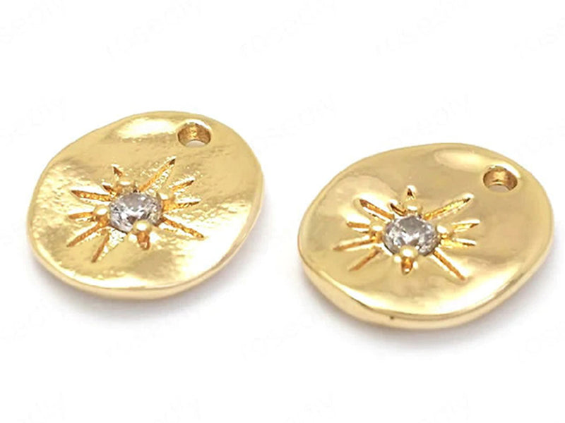 24K Gold Plated Oval Charm with Cubic Zirconia Starburst Design Side