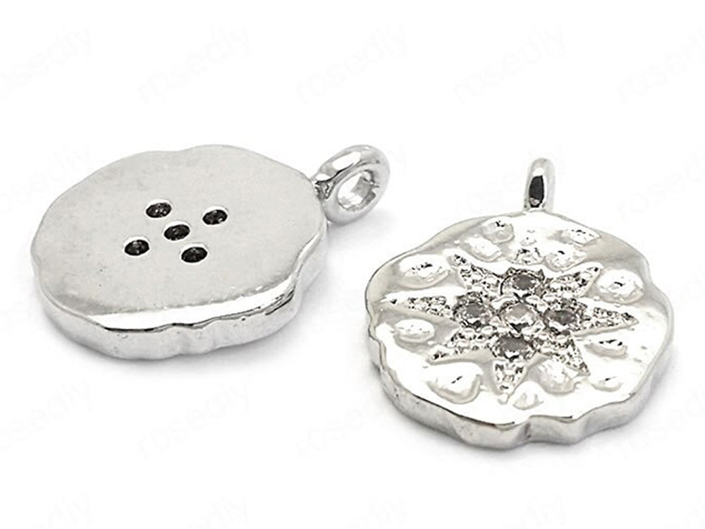 24K White Gold Plated Coin Shaped Pendant/Charm with Cubic Zirconia Starburst Back