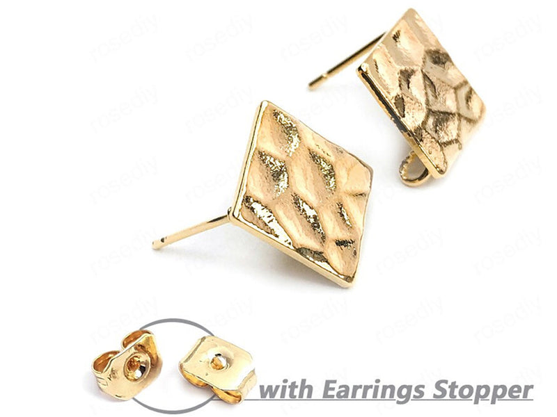 Hammered Earring Findings | Ear Wires| 24K Gold Plated | 12mm | Square