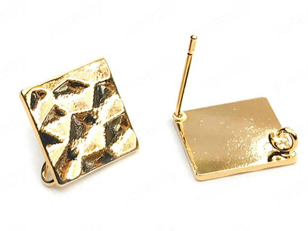 Hammered Earring Findings | Ear Wires| 24K Gold Plated | 12mm | Square