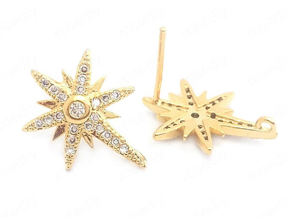 Starburst Earring Hooks 24K Gold Plated Cubic Zirconia 11mm
