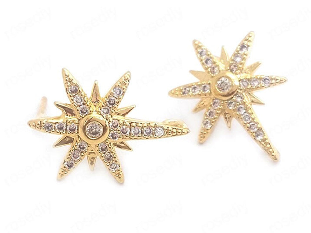 24K Gold Plated Star Shaped Ear Wires with Cubic Zirconia Side