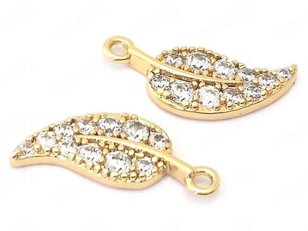 24K Gold Plated Leaf Charms with Cubic Zirconia Side