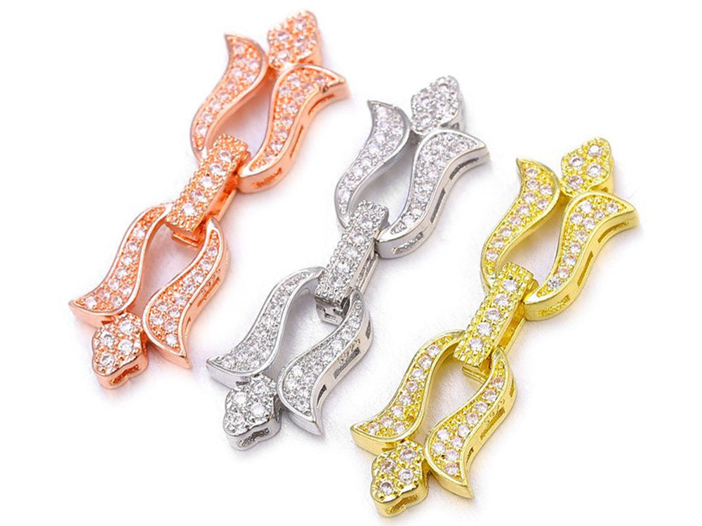 Triple Gold Plated Fold Over Clasps with Cubic Zirconia in Rose Gold, Yellow Gold and White Gold