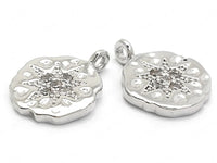 24K White Gold Plated Coin Shaped Pendant/Charm with Cubic Zirconia Starburst Side