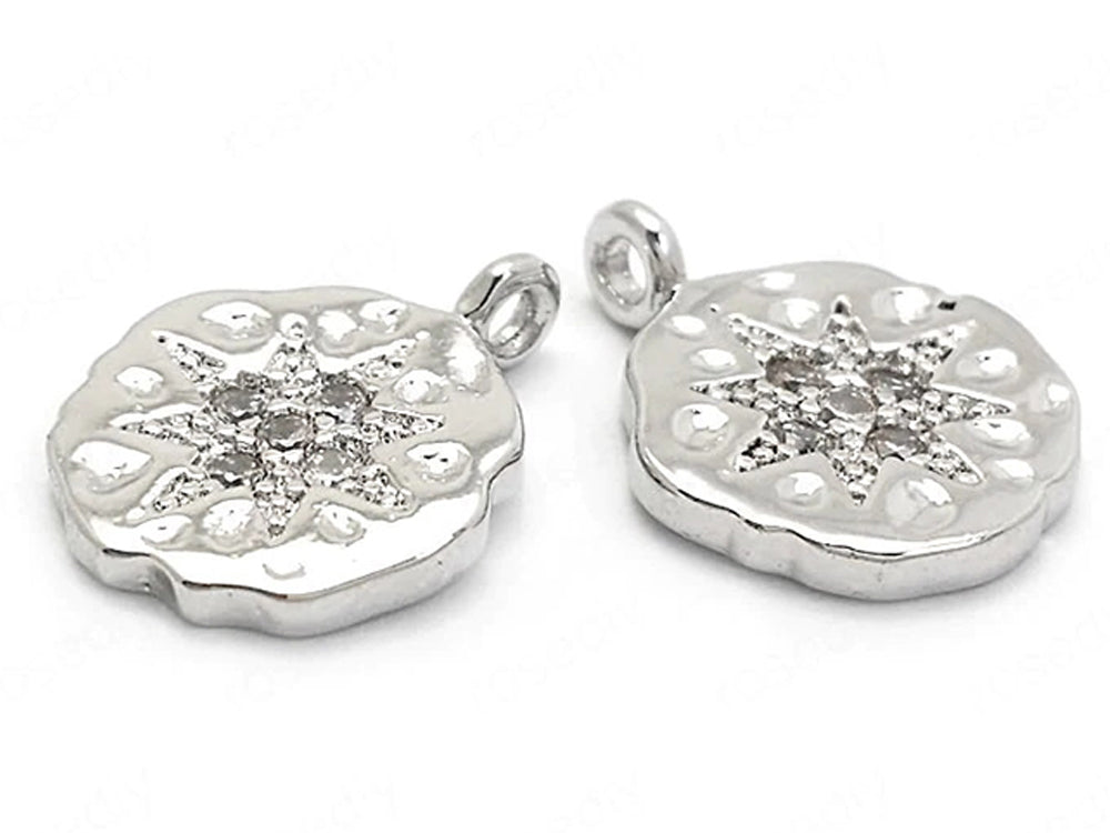 24K White Gold Plated Coin Shaped Pendant/Charm with Cubic Zirconia Starburst Side