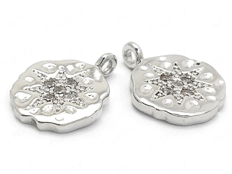 24K White Gold Plated Coin Shaped Pendant/Charm with Cubic Zirconia Starburst Side