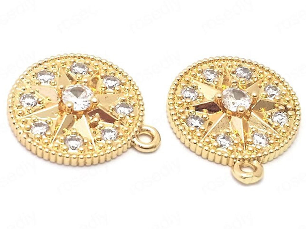 24K Coin Shaped Pendant/Charms | Cubic Zirconia | Star Design | 13.5mm