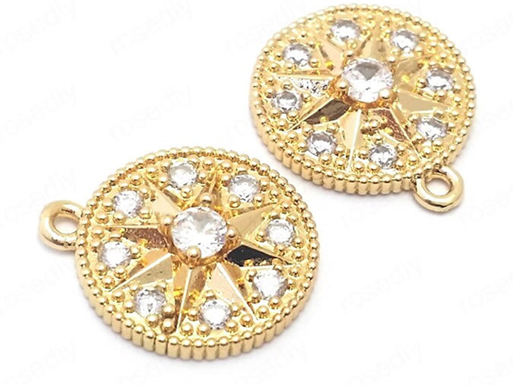 24K Coin Shaped Pendant/Charms | Cubic Zirconia | Star Design | 13.5mm