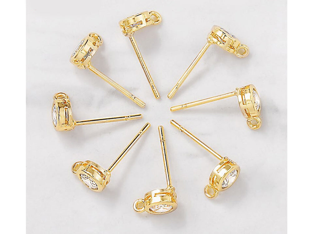 Earring Posts, 24K Gold Plated, Cubic Zirconia